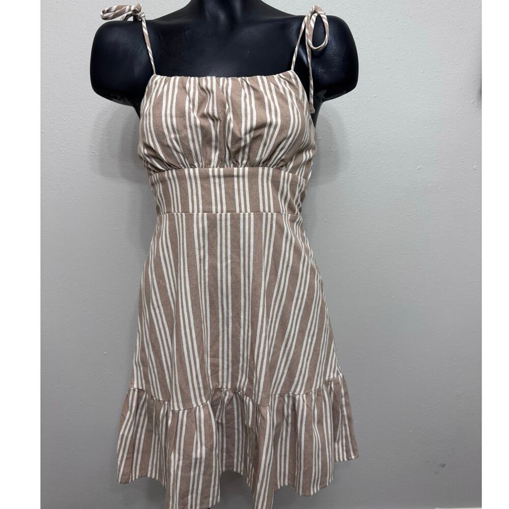 Speechless Milkmaid Babydoll Mini Dress Sz S Ruffle Tier BrownWt Stripe Coquette